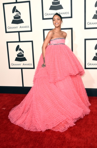 Rihanna wearing Giambattista Valli couture at the 57TH Annual Grammy Awards. 